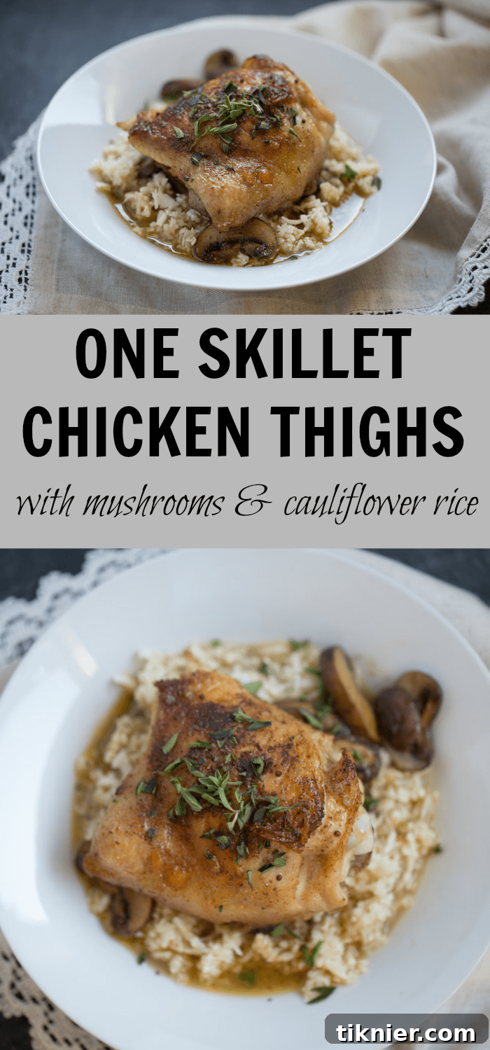 One Skillet Chicken Thighs and Mushrooms with Cauliflower Rice is an easy one skillet dinner recipe that’s ready to eat in under an hour. It’s low carb and gluten free and is made with real ingredients.