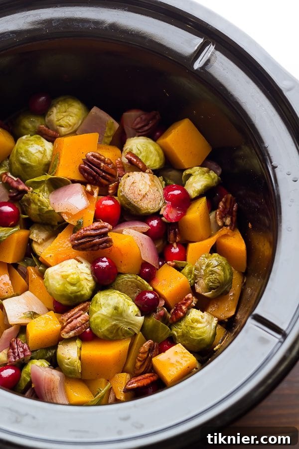 A warm, inviting Slow Cooker Brussels Sprouts dish with cranberries, pecans, and butternut squash, perfect for a holiday spread.