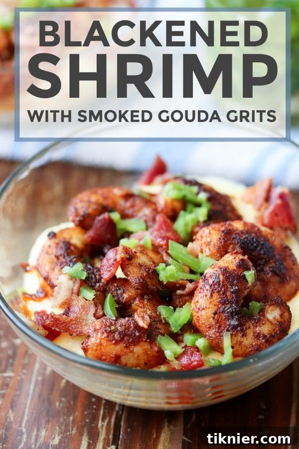 Blackened Shrimp & Smoked Gouda Grits 2 Flavorful blackened shrimp and grits made with smoked gouda cheese are a perfect quick and easy meal! Full of BOLD flavors. You can't beat a bowl of creamy cheese grits topped with shrimp and bacon. #shrimp #bacon #grits #southernfood #cheesegrits #seafood