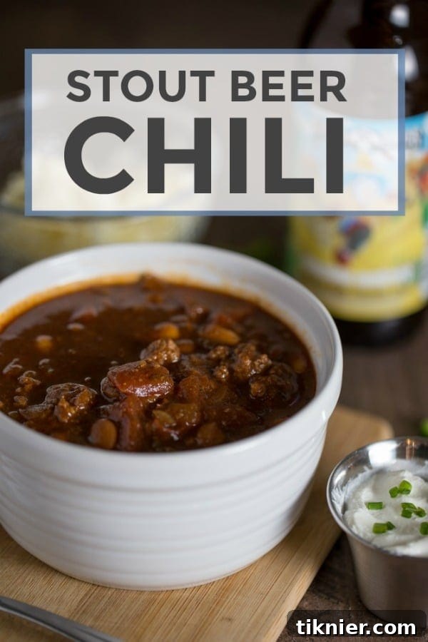 Hearty Stout Beer Chili made with Clown Shoes Chocolate Sombrero Stout, perfect for cold weather.