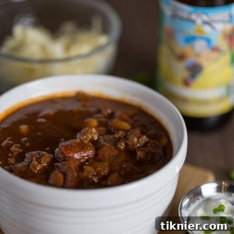 Thick and hearty Stout Beer Chili. This comforting and flavorful chili recipe is made with Clown Shoes Chocolate Sombrero stout.