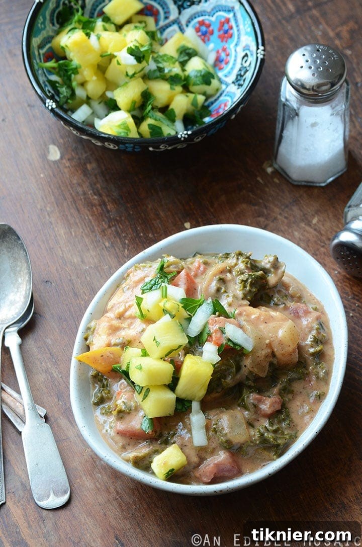 Almond Butter Chicken Stew with Pineapple Mint Relish by An Edible Mosaic
