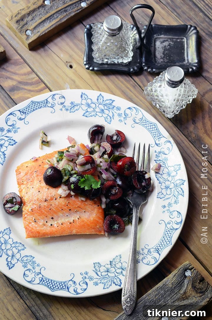 Seared Salmon with Fresh Cherry and Poblano Chopped Salad by An Edible Mosaic