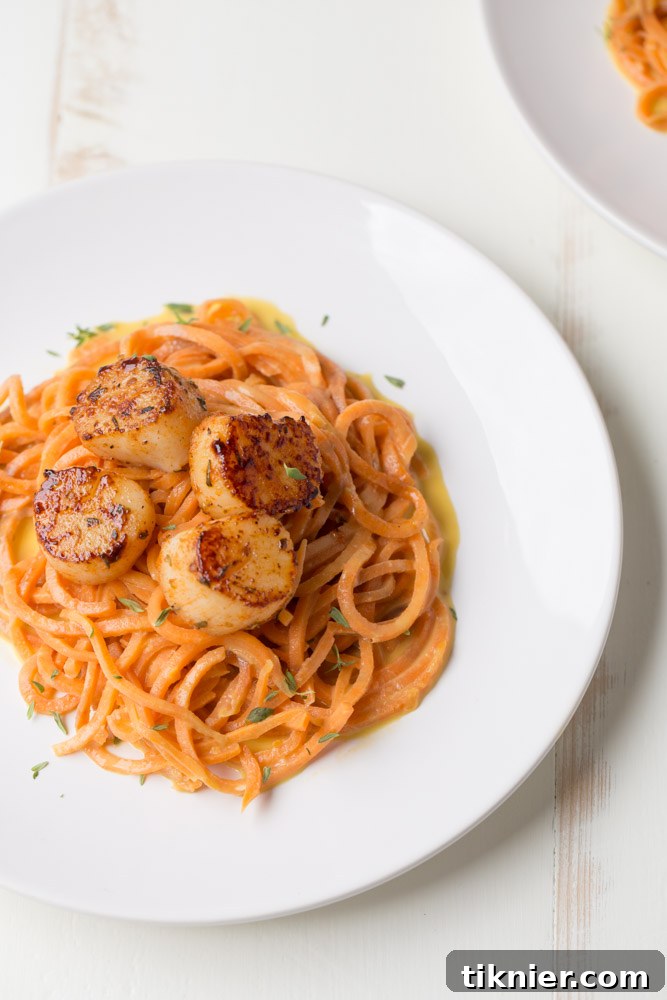 Blackened Scallops with Sweet Potato Noodles (dairy free + gluten free) - This Gal Cooks