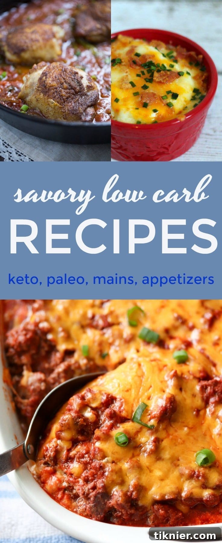 A vibrant collection of savory low carb recipes including keto and paleo options for chicken, beef, seafood, and vegetarian dishes, perfect for healthy meal planning.