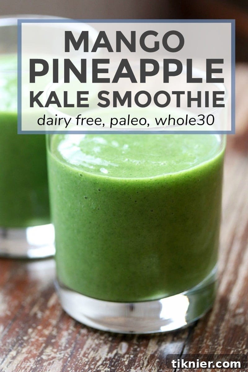 A refreshing and healthy Mango Pineapple Kale Smoothie, perfect for a vibrant breakfast or snack. This paleo and Whole30 compliant green smoothie is packed with nutrients and tastes amazing.