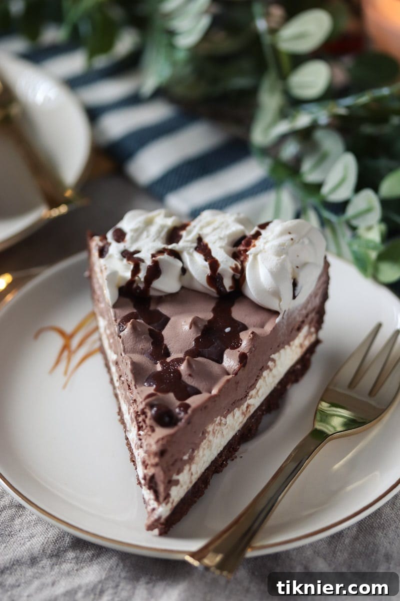 Close-up of Edwards Hershey's Chocolate Crème Pie layers and toppings