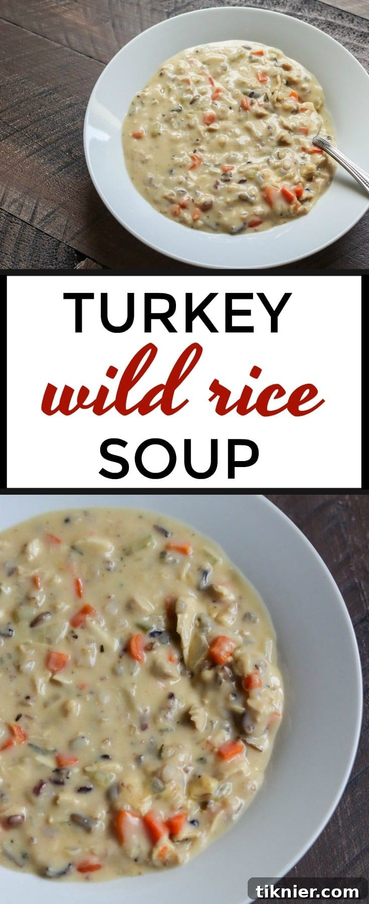 Thick and hearty Turkey Wild Rice Soup, brimming with succulent leftover turkey, tender wild rice, aromatic herbs, and colorful vegetables, perfect for a cold day.