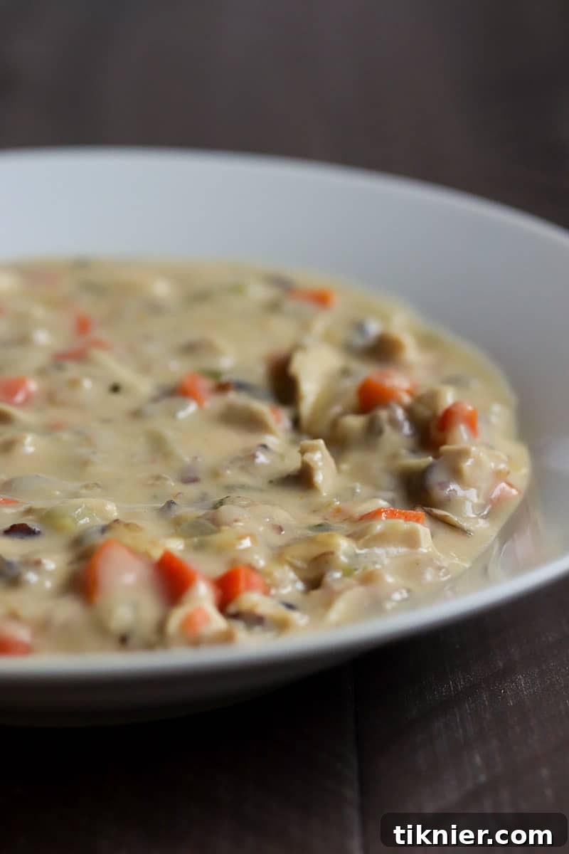 A close-up of a steaming bowl of Turkey Wild Rice Soup, highlighting its creamy texture and the vibrant mix of turkey, wild rice, and vegetables.