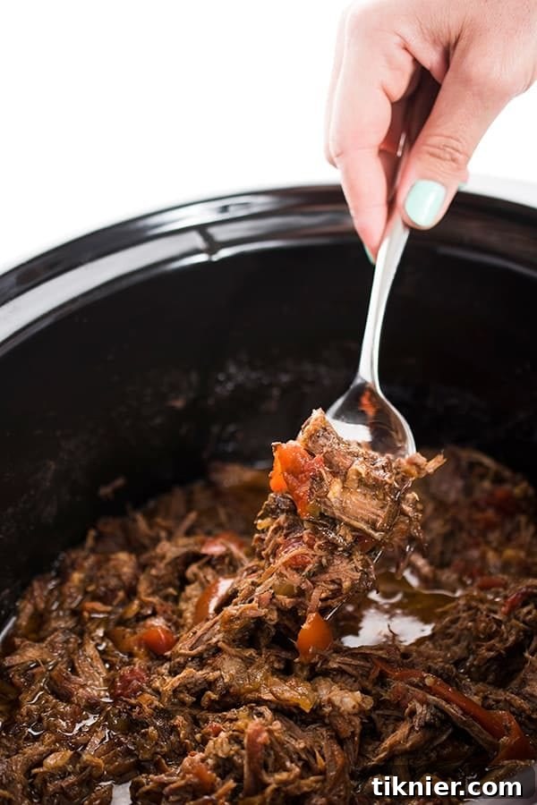 A hearty serving of Slow Cooker Ropa Vieja, a traditional Cuban shredded beef dish, garnished with fresh cilantro.