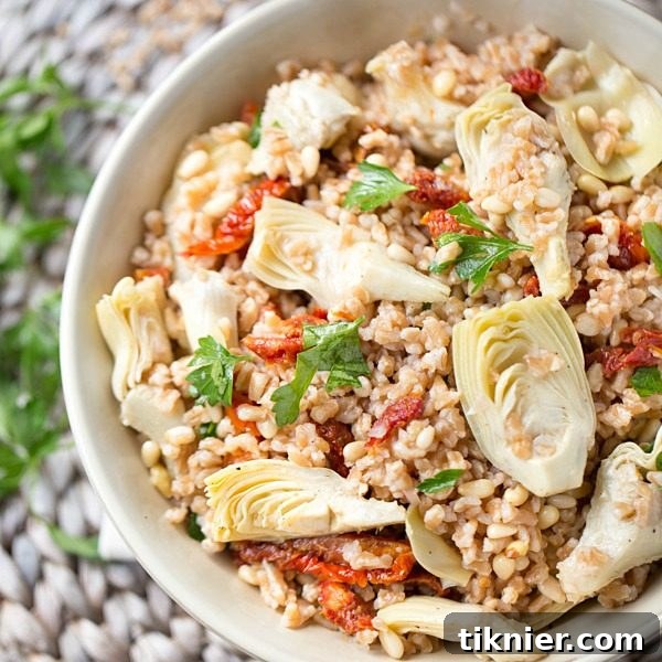 Farro Salad is packed full of tender sun dried tomatoes, artichokes and crunchy pine nuts. Tossed with an olive oil, red wine and Greek seasoning dressing for an outstanding pop of flavor! This Mediterranean-inspired farro salad is vibrant and healthy.