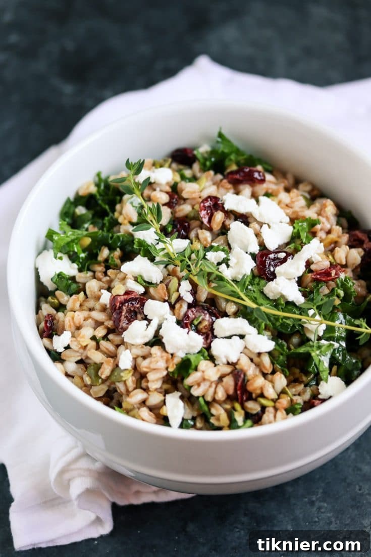 Beautifully styled image of Healthy Farro Salad with Kale, Cranberries and Goat Cheese, perfect for pinning and sharing on social media.