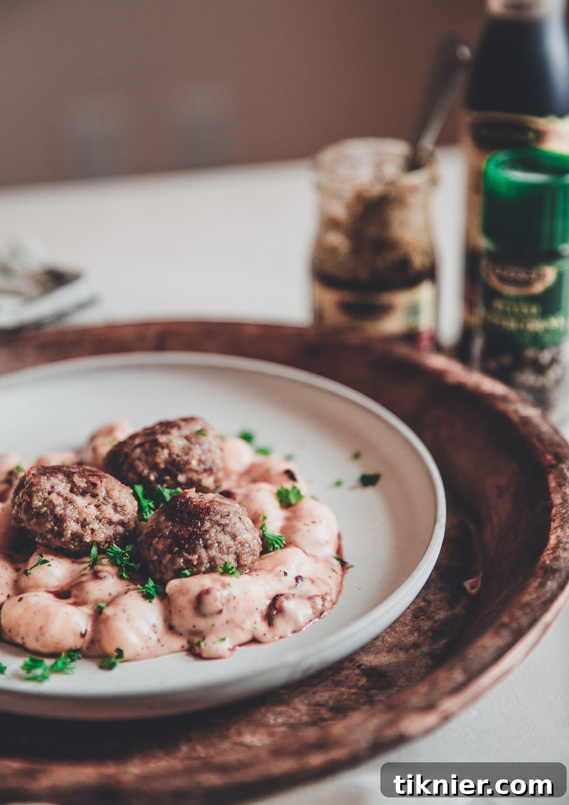 Close-up of Baked Pesto Pork Meatballs and Creamy Gnocchi