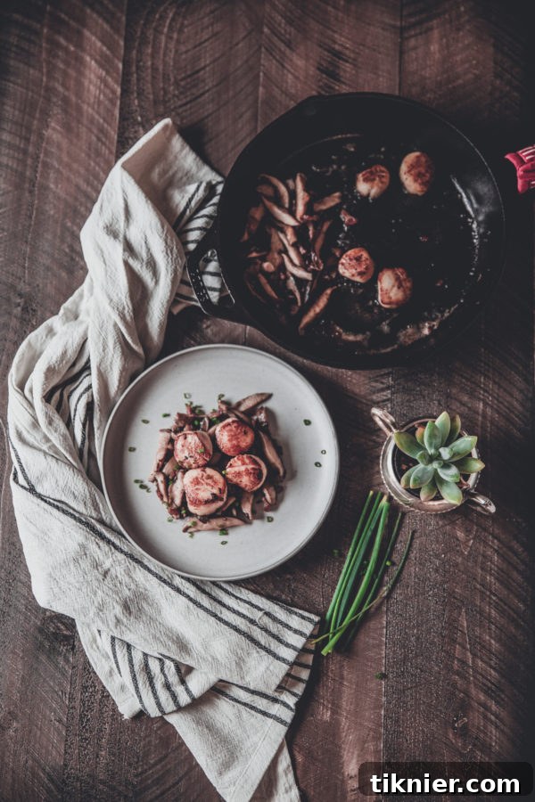 Plated Scallops with Bacon, Mushrooms, and Chives, ready to serve