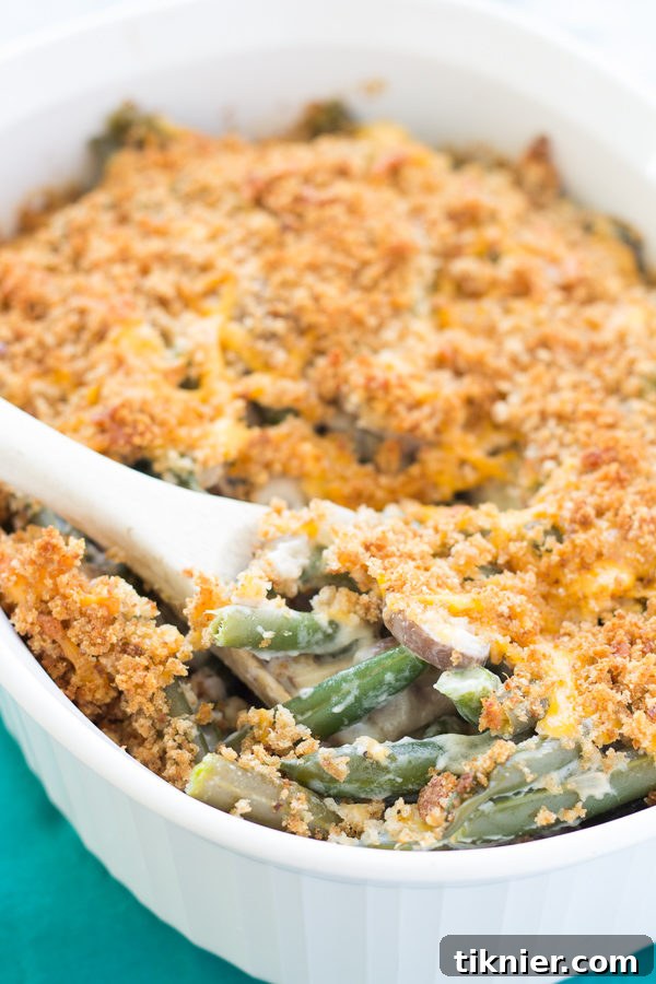 Homemade From Scratch Green Bean Casserole with fresh green beans and a cheesy breadcrumb topping.