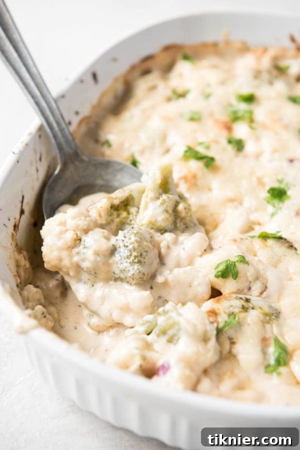 Creamy Broccoli Cauliflower Casserole, a healthy Thanksgiving side dish option.