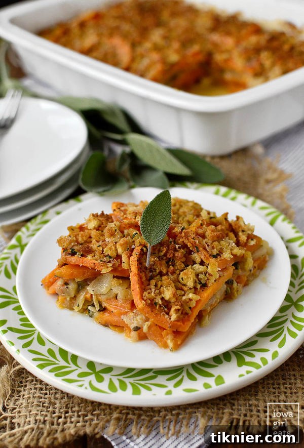 Healthy Skinny Sweet Potato Gratin, a light, delicious, and gluten-free holiday option.