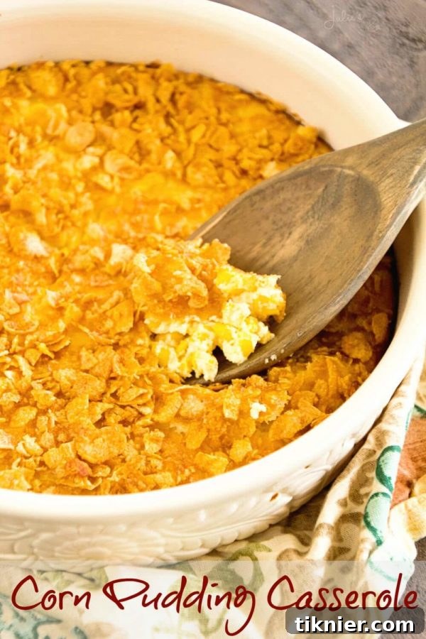 Sweet and savory Corn Pudding Casserole with a hearty egg base, perfect for holiday meals.