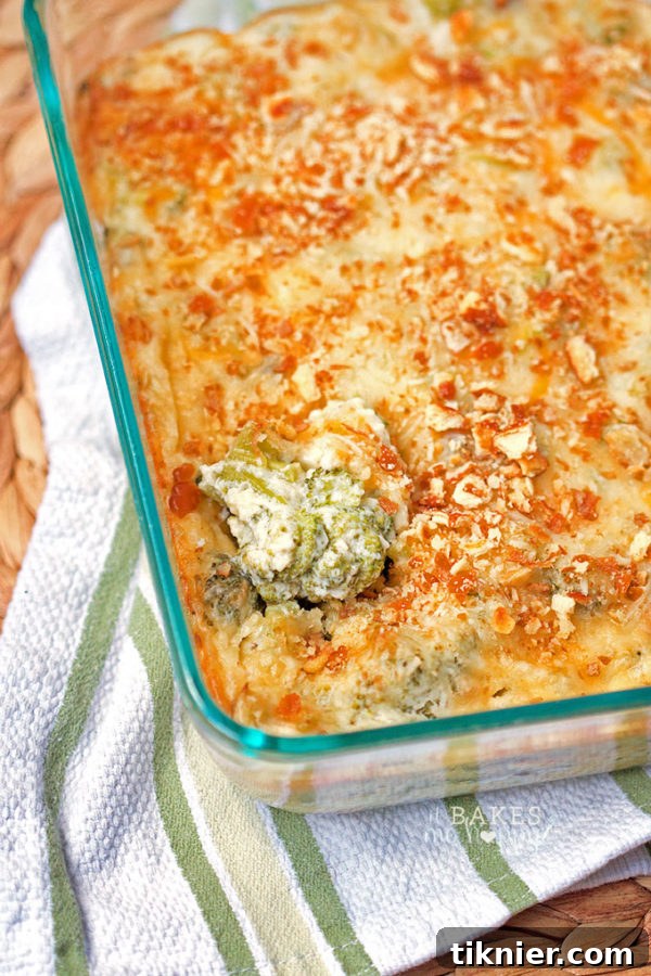 Traditional Broccoli Cheese Casserole with cream of mushroom soup and a crunchy cracker topping.
