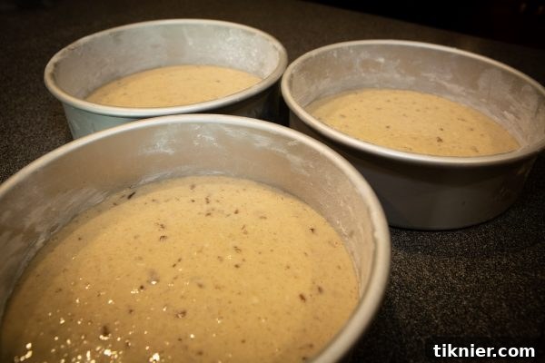 Cake batter evenly distributed in baking pans.