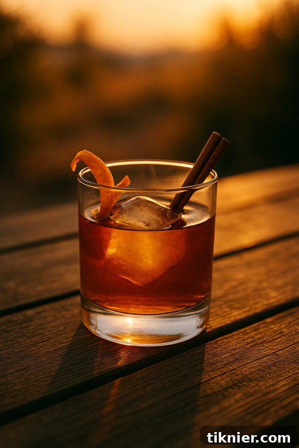 The Maple Old Fashioned That Sets Your New Cocktail Standard 2 A perfectly crafted Maple Old Fashioned cocktail in a clear glass with a large ice cube and an orange peel garnish, resting on a rustic wooden surface, evoking cozy autumn vibes.