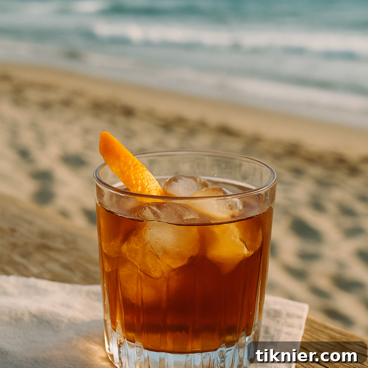 A beautifully crafted Mezcal Old Fashioned, garnished with an orange twist, served in a stylish rocks glass.