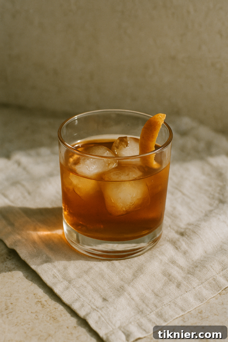 Classic Old Fashioned Cocktail recipe with orange peel and large ice cube