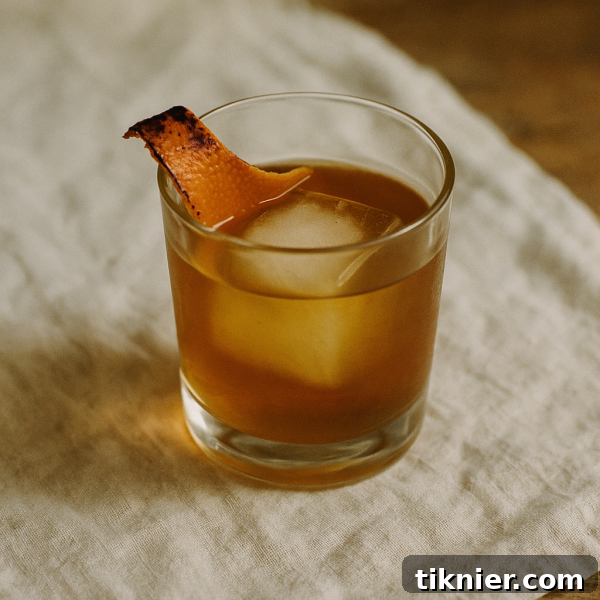Your Next Favorite Cocktail The Oaxaca Old Fashioned 2 Oaxaca Old Fashioned cocktail served in a rocks glass with a large ice cube and an orange peel garnish.