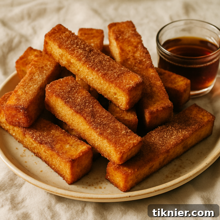 Close-up of crispy French toast sticks ready to be dipped.