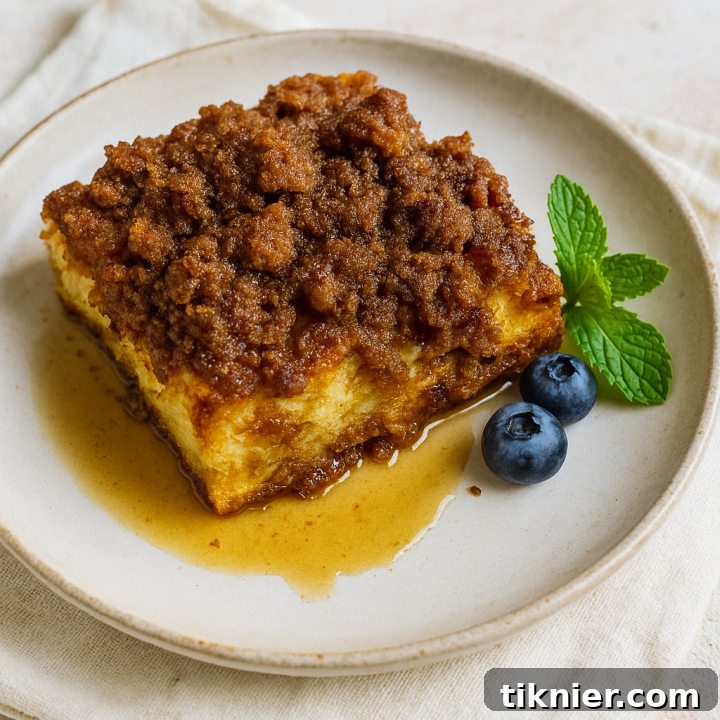 A close-up of the baked French toast casserole with a spoonful of streusel topping, showcasing its rich texture and golden crust.