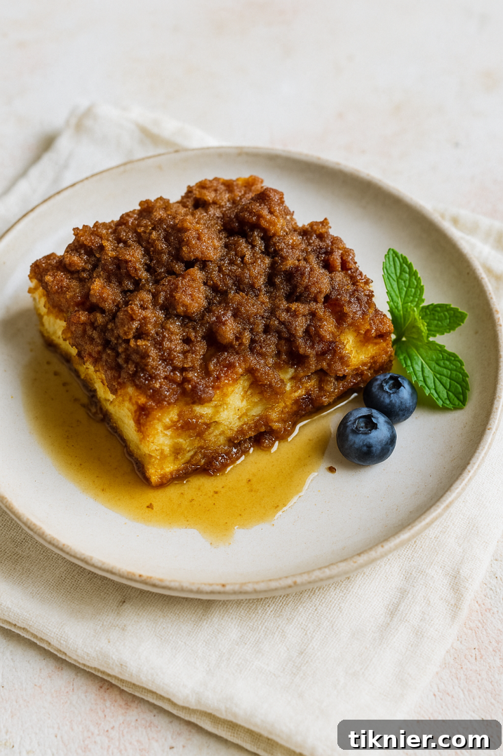 A beautifully presented baked French toast casserole, garnished with fresh berries and powdered sugar, ready for a delicious brunch.