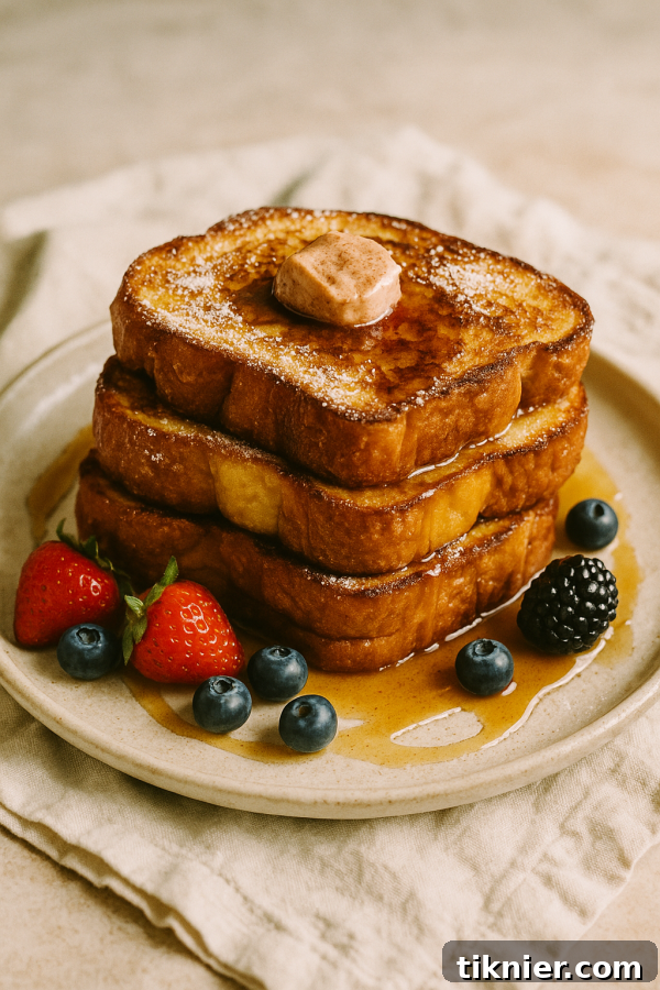 Golden Challah French Toast Stack with Berries and Maple Syrup