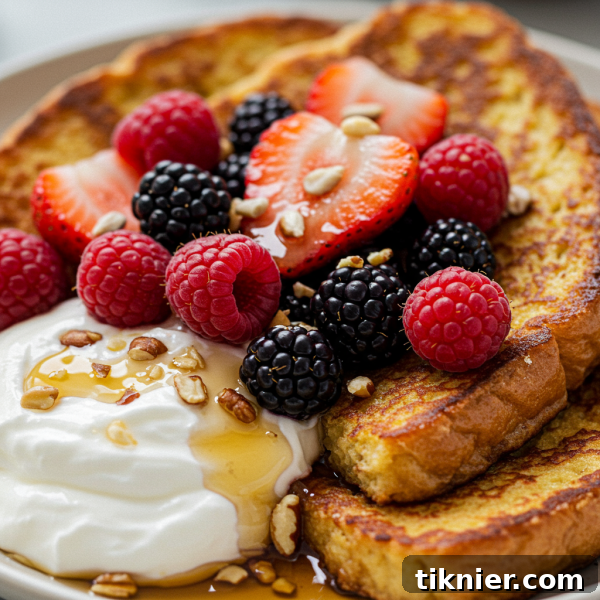 Delicious and healthy Protein French Toast topped with fresh berries and syrup.