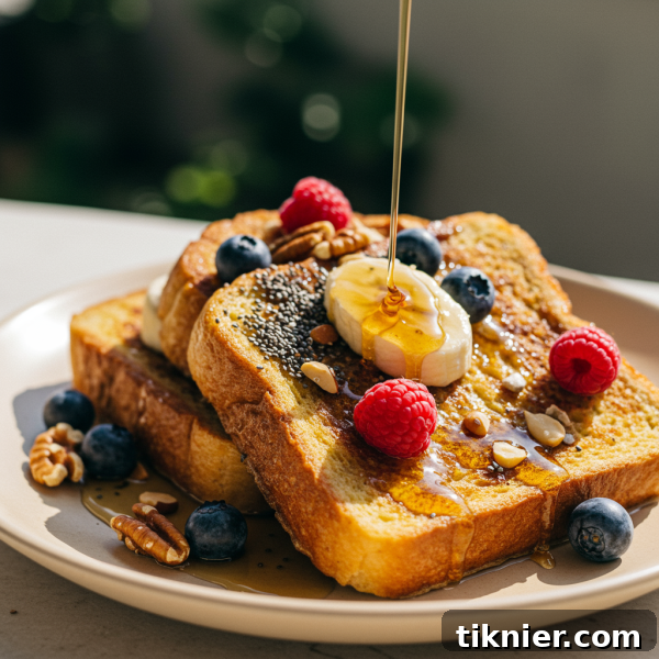 Closeup of Protein French Toast with berries and syrup.