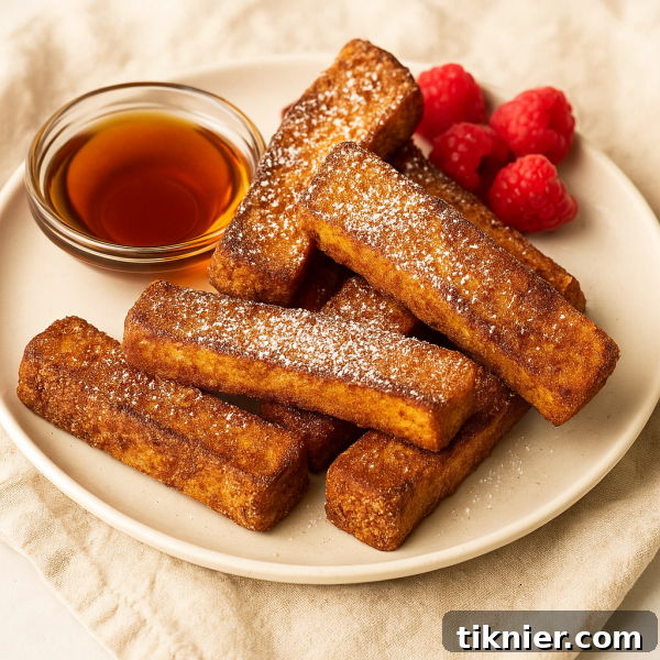 Golden brown air fryer French toast sticks drizzled with maple syrup and powdered sugar, served with fresh berries