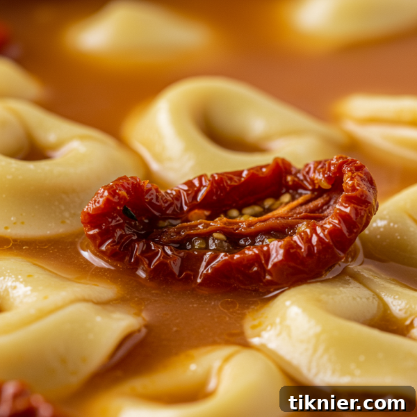 A close-up shot of slow cooker tortellini soup in a bowl, showing tortellini, sausage, and sun-dried tomatoes.