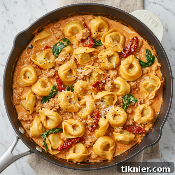 A perfectly cooked plate of creamy Marry Me Tortellini with smoked paprika, sausage, and sun-dried tomatoes, garnished with fresh basil.