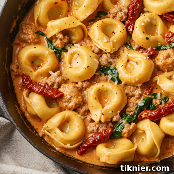 A close-up shot of creamy Marry Me Tortellini, showing the rich sauce, tortellini, spinach, and sun-dried tomatoes, ready to be served.