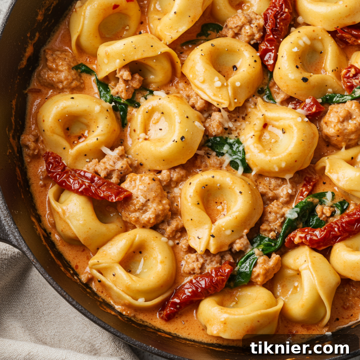 A beautifully plated dish of Marry Me Tortellini with smoked paprika, sausage, spinach, and sun-dried tomatoes, ready to be served.