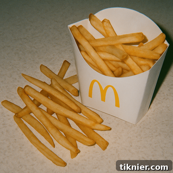 Golden, crispy homemade McDonald's style French fries served in a red carton with ketchup on the side.