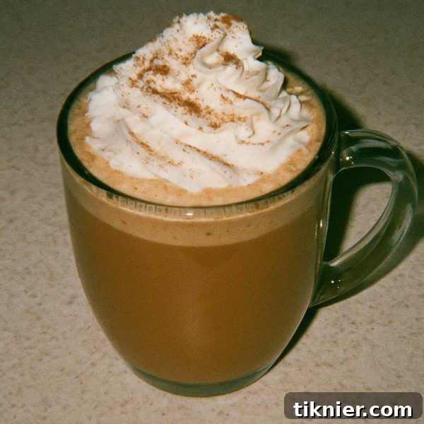 A beautifully garnished homemade Starbucks Pumpkin Spice Latte with whipped cream and a sprinkle of pumpkin spice, set on a cozy fall background with pumpkins and leaves.