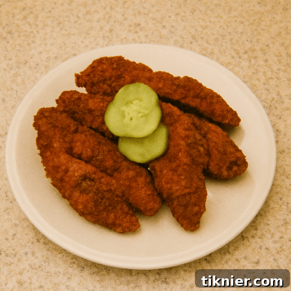 Dave's Hot Chicken served on a brioche bun with pickles, drizzled with spicy bacon fat paste