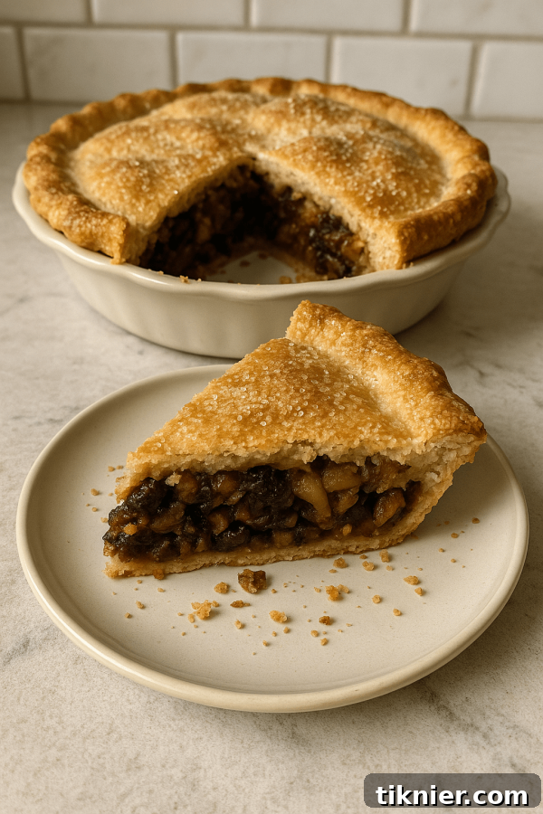 A slice of Bourbon Pecan Mince Pie served on a white plate, revealing its rich, spiced fruit filling and flaky crust.