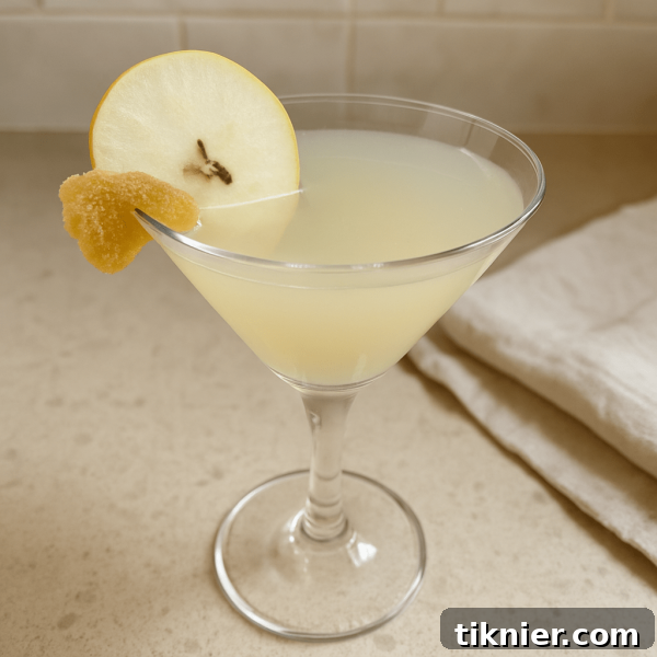 Holiday Cheer in a Glass: Pear Ginger Martini 2 A beautifully garnished Pear and Ginger Martini in a chilled glass, with a thin pear slice and candied ginger. The background hints at a cozy, autumnal setting.