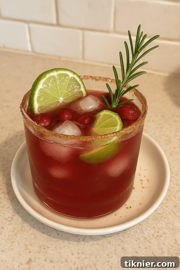 A vibrant cranberry margarita with a spiced rim and festive garnishes, captured in a styled shot for the recipe card.
