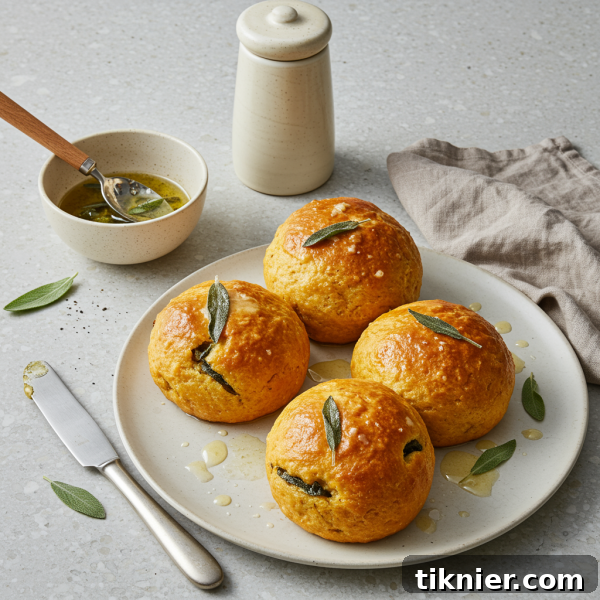 Irresistible Sweet Potato Rolls Made Easy 2 Fluffy brown butter and sage sweet potato rolls fresh from the oven, garnished with flaky sea salt.
