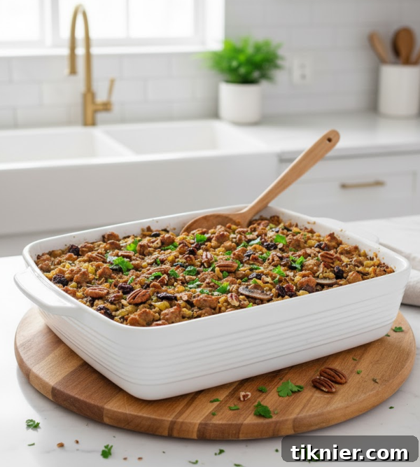 Simple Wild Rice Stuffing with Toasted Pecan Crunch 3 A close-up shot of the Bourbon-Cherry Wild Rice Stuffing, showing the rich colors of the ingredients and a golden-brown, crispy top.