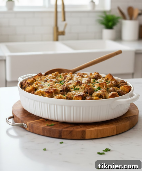 Rich Apple, Sausage, and Gruyère Stuffing in a baking dish