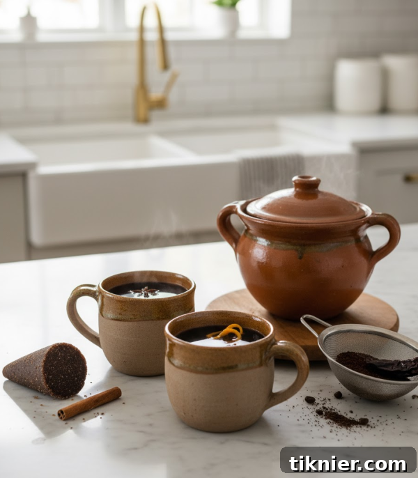 A vibrant, close-up shot of a Café de Olla, steaming gently in a ceramic mug, garnished with a star anise and a slice of orange, inviting a comforting sip.