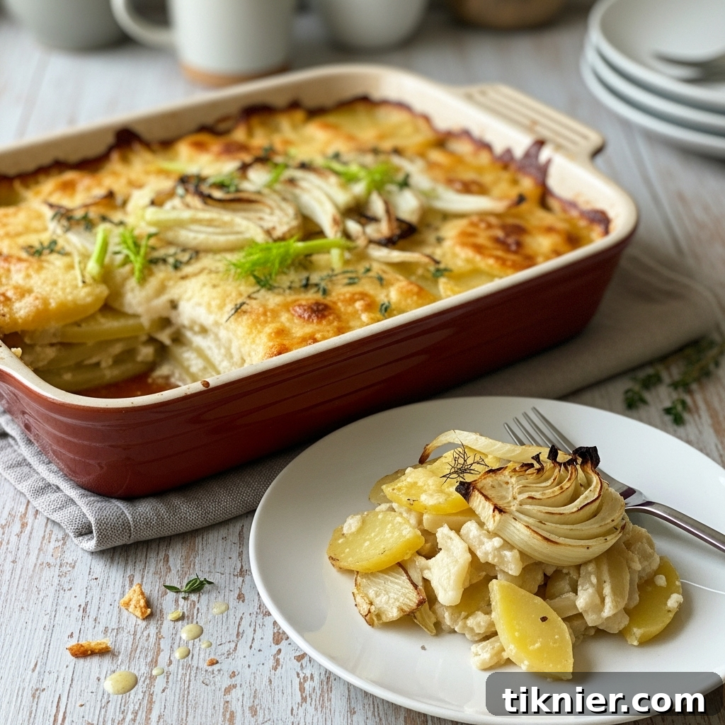 Delicious Caramelized Fennel and Potato Gratin with Gruyère, ready to serve
